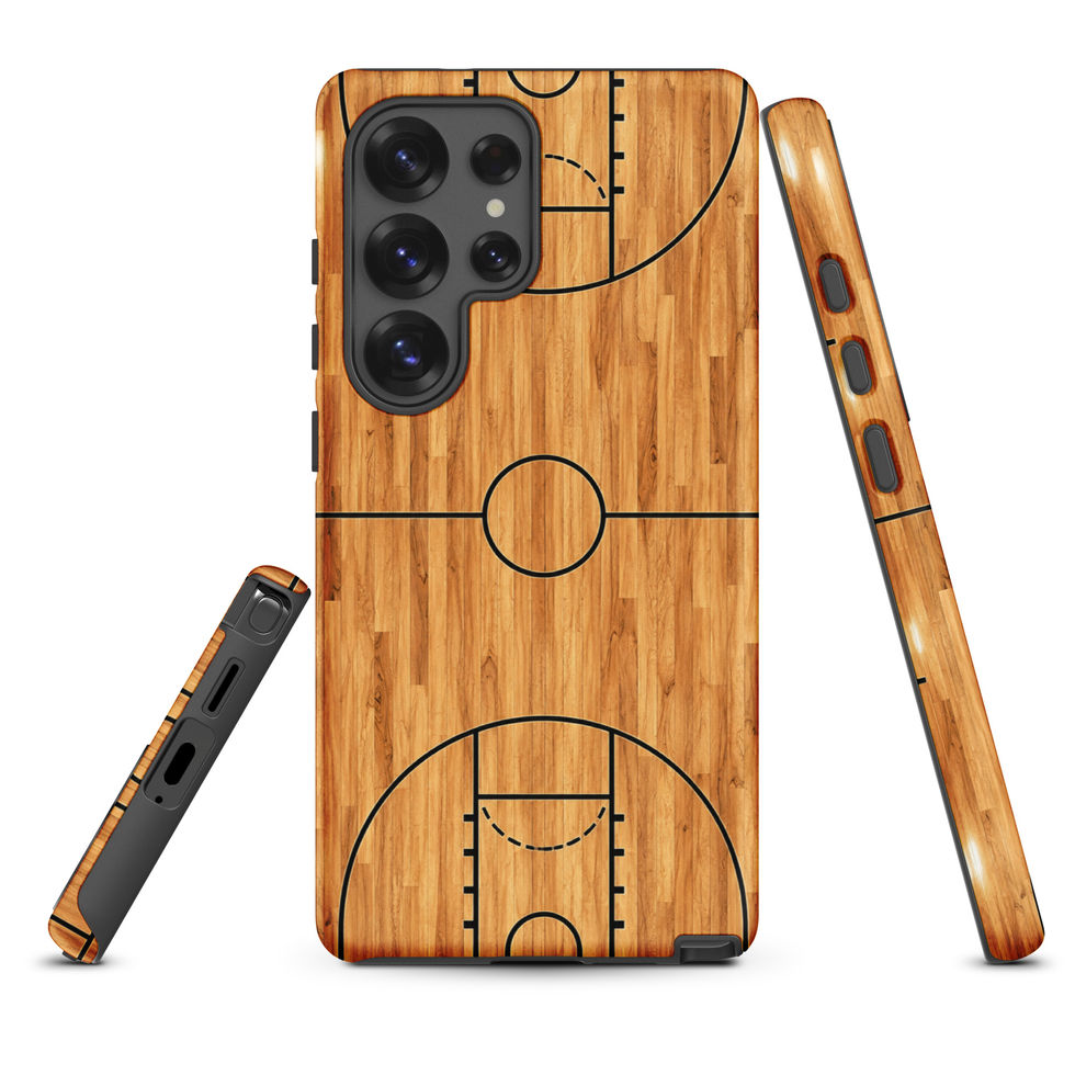 Hardcourt Legacy Tough case for Galaxy S25 Ultra, golden wood basketball court artwork, rear and side views on white