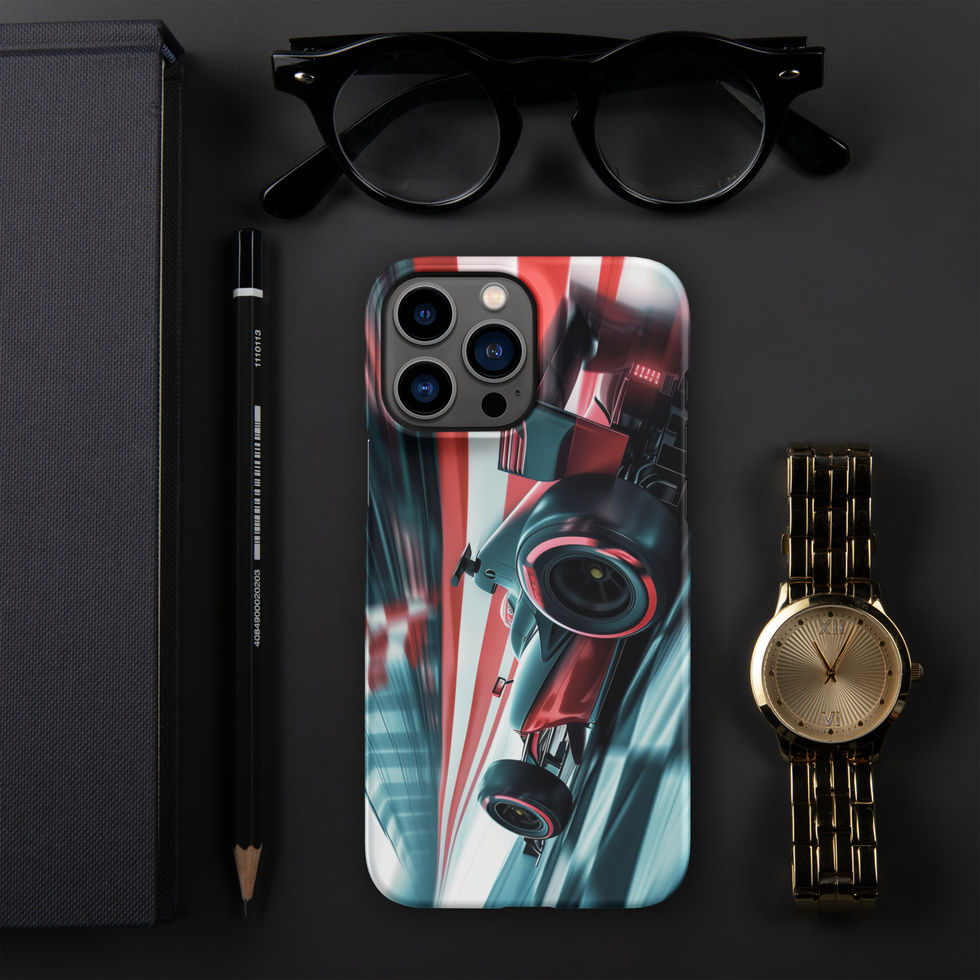 Podium Pursuit Snap case for iPhone 13 Pro Max, red race car and track streaks, black desk with glasses and watch