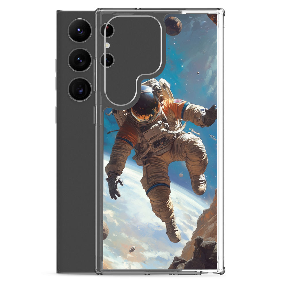 Galactic Wanderer shows a floating astronaut above a pale planet across the transparent back of a Samsung case.