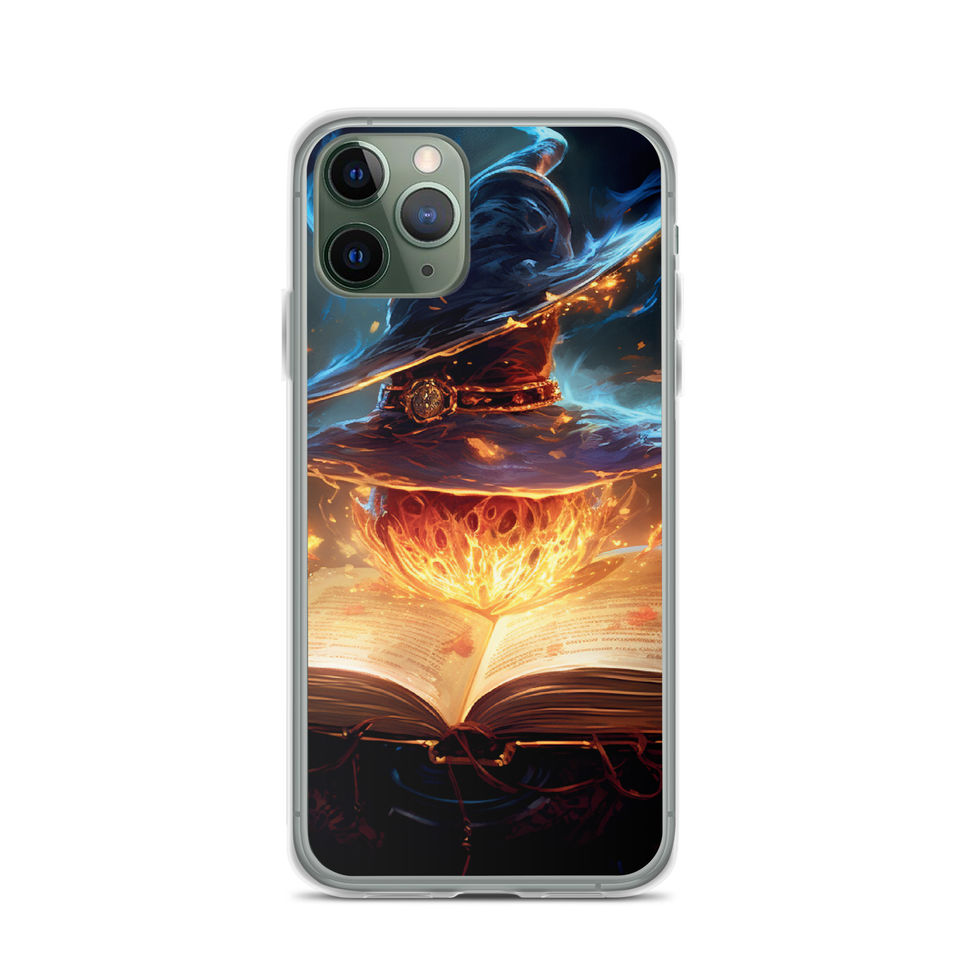 Arcane Ember clear iPhone case: orange sparks against a deep blue background; rear artwork.