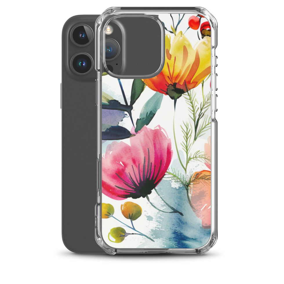Crimson Meadow clear case for iPhone 15 Plus, angled edge and camera-cutout view with crimson, coral and blush flowers