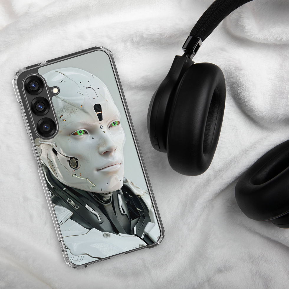 precision-engineered android on Samsung clear protective case, angled phone case presentation