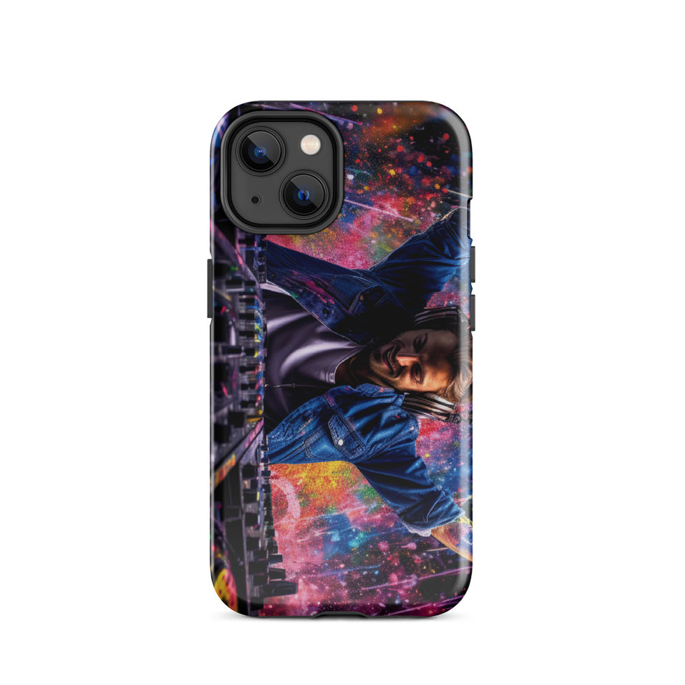 Rhythmic Energy tough iPhone case with dark abstract artwork and pink, blue, and orange bursts for iPhone 14 Plus