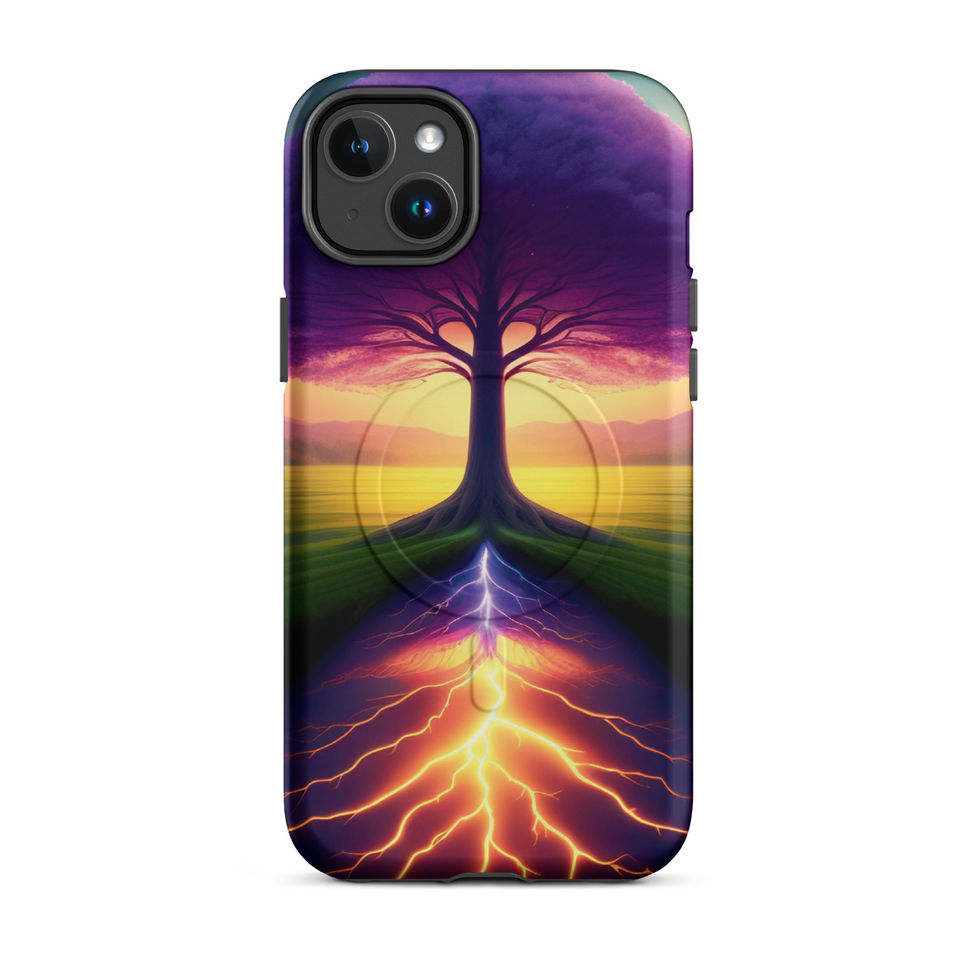 Ethereal Roots MagSafe iPhone case with violet leaves over bands of yellow sky.