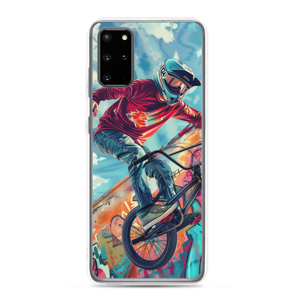 Graffiti Ride Clear case for Galaxy S20 Plus, red-top BMX rider and vivid graffiti, rear view on white