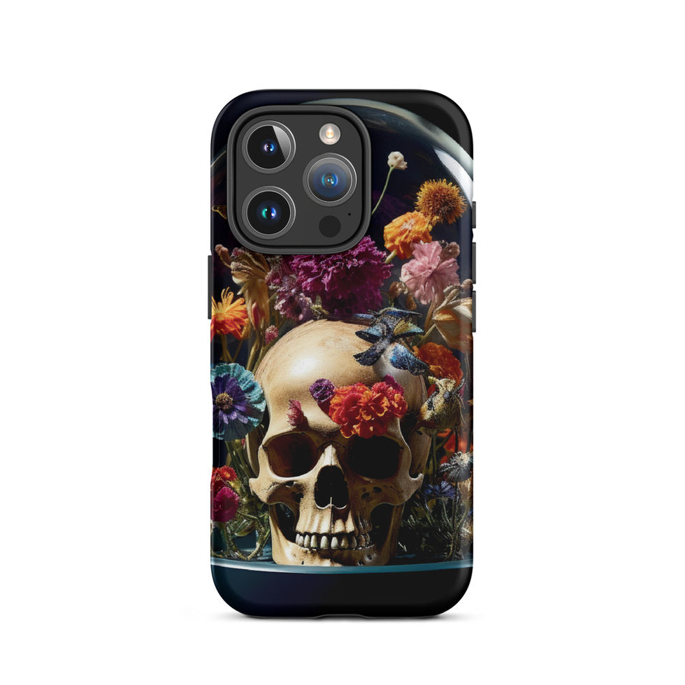 Bloom & Bones tough iPhone case showing pale skull with floral eye detail