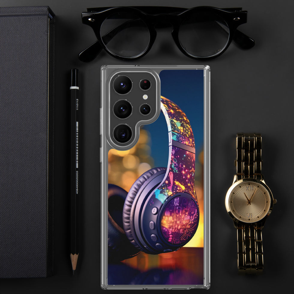 Electric Pulse clear Samsung case showing colourful over-ear headphones on a dark warm-lit scene, gallery image 37 of 50