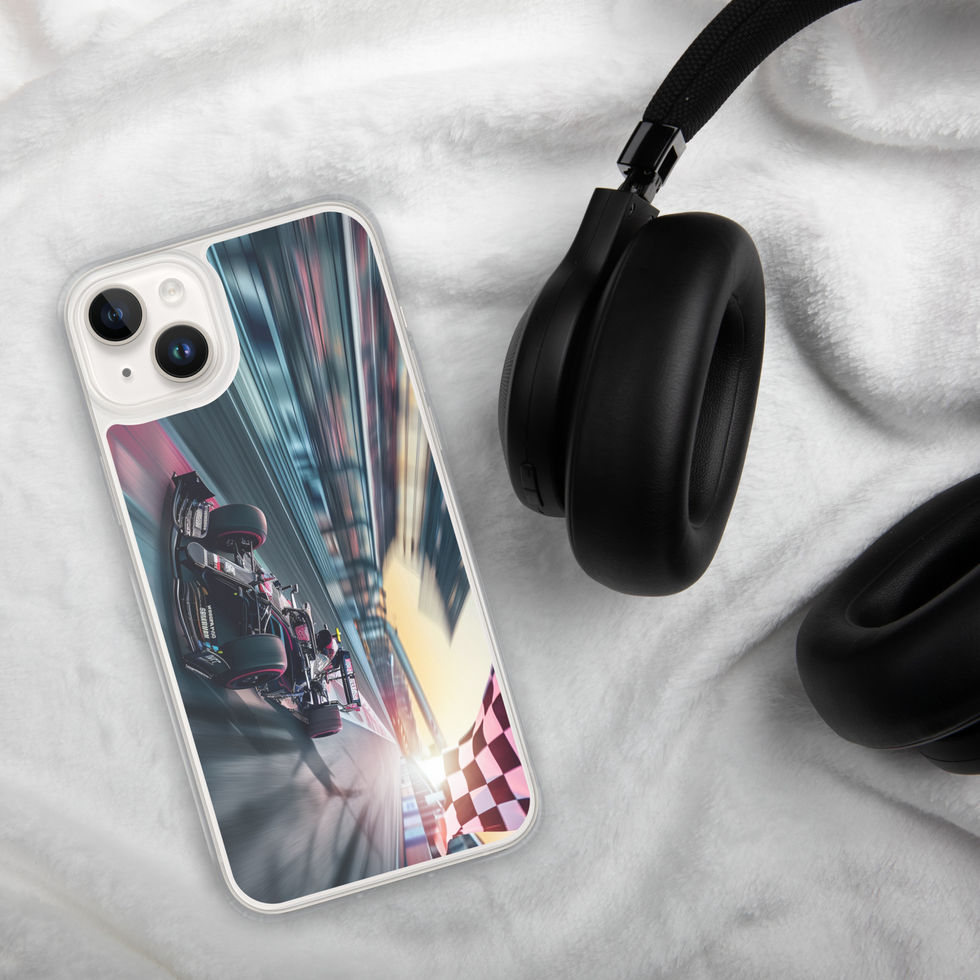 Final Lap Clear case for iPhone 14 Plus, dark race car and blurred track, headphones on pale cloth