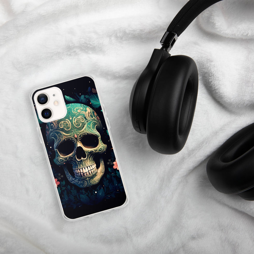 Emerald Requiem clear iPhone case showing the illustrated skull below a teal leafy crown
