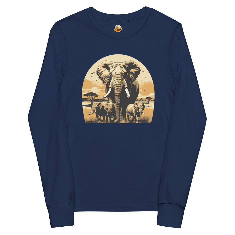 Majestic Herd: navy youth long-sleeve T-shirt with elephants against a golden sunset