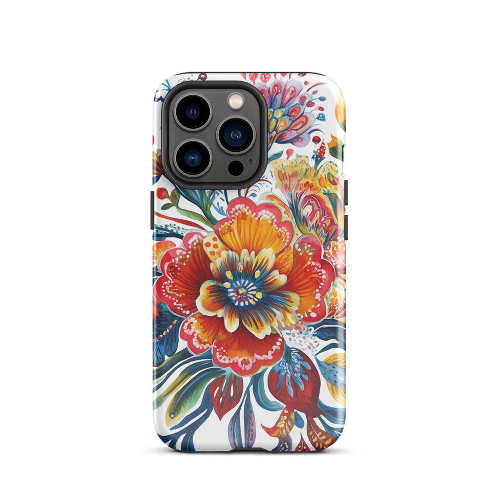 Sunfire Bloom tough floral phone case for iPhone 13 Pro Max, rear view showing the radiant warm flowers and blue accents