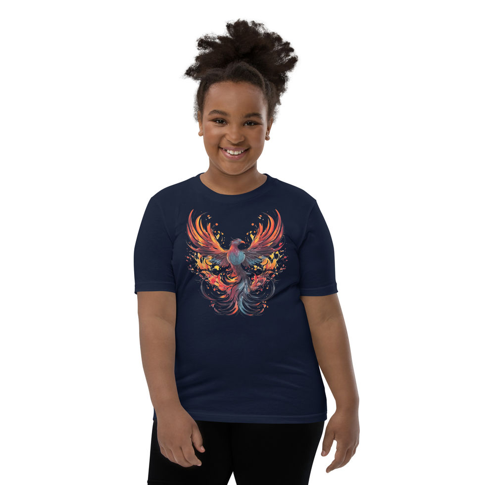 Rising Phoenix cutout: navy blue youth short-sleeve T-shirt with a fiery phoenix with spread wings, worn by child