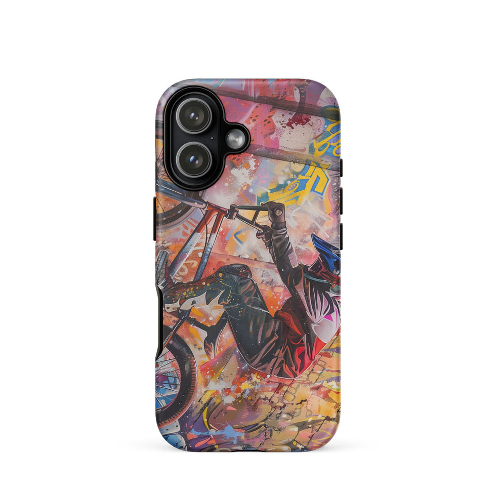 Graffiti Grind Tough case for iPhone 17, BMX rider amid pink and yellow graffiti, rear view on white