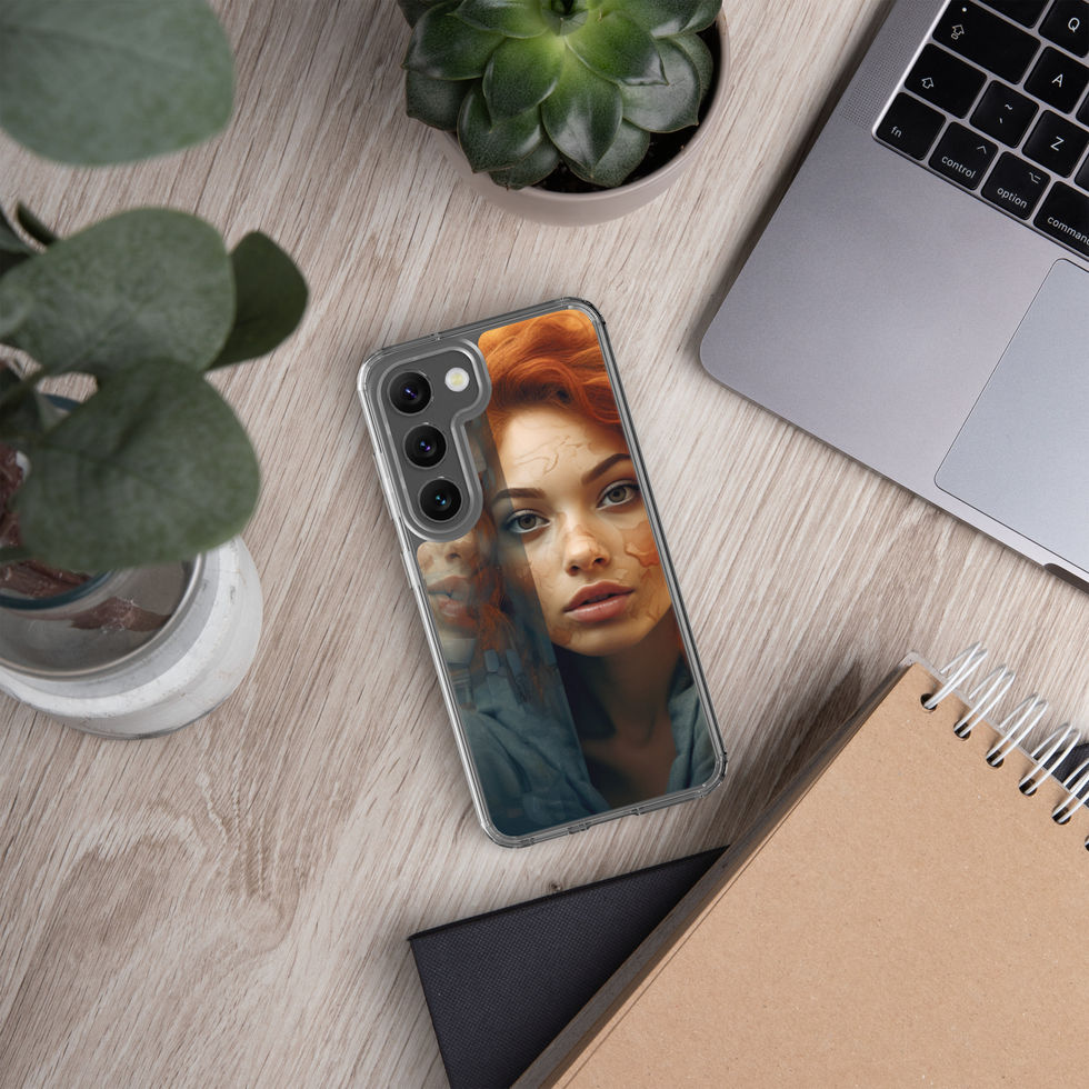 Twisted Reflection clear Samsung case with dark fractured portrait artwork, upper corner close-up, image 42