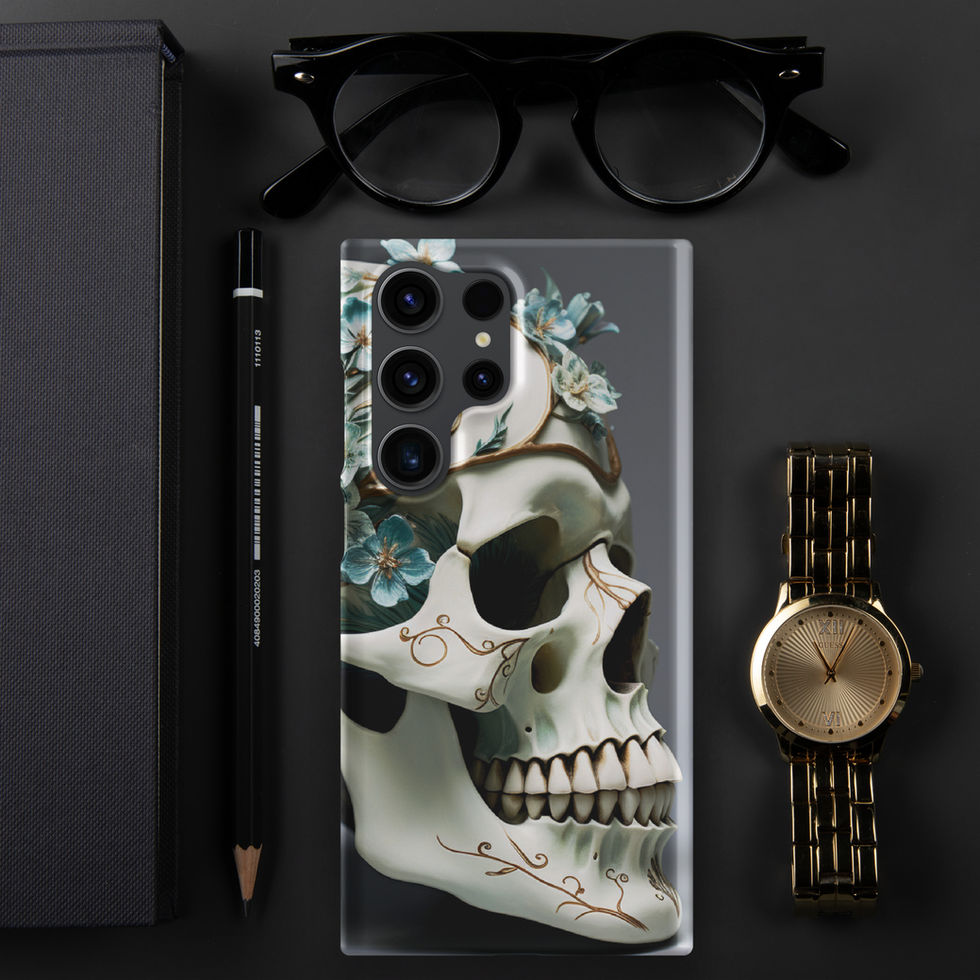 Product view of the Ivory Blossom snap case with teal blossoms and dark leaves