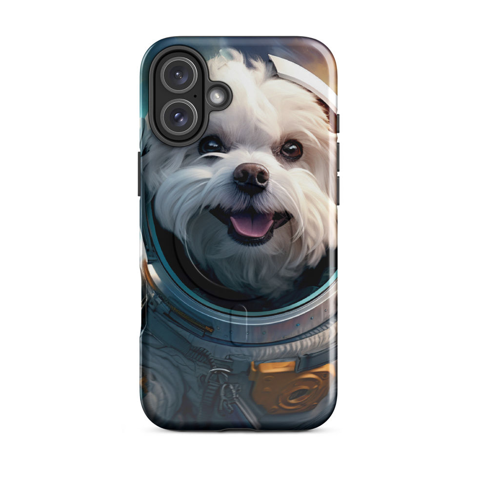 Cosmo Pup astronaut dog MagSafe iPhone case — front artwork view in bright lifestyle scene