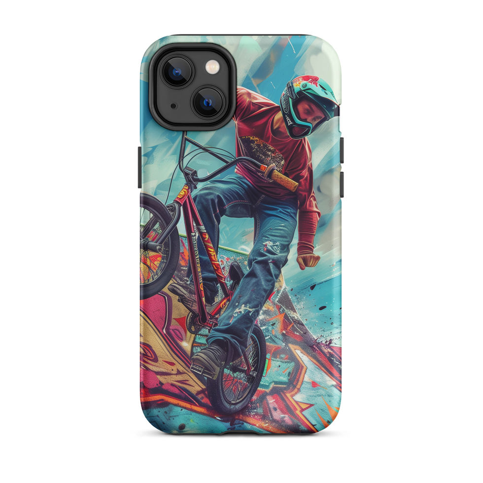 Ramp Rebel Tough case for iPhone 14 Plus, red-jacketed BMX rider and graffiti, rear view on white background