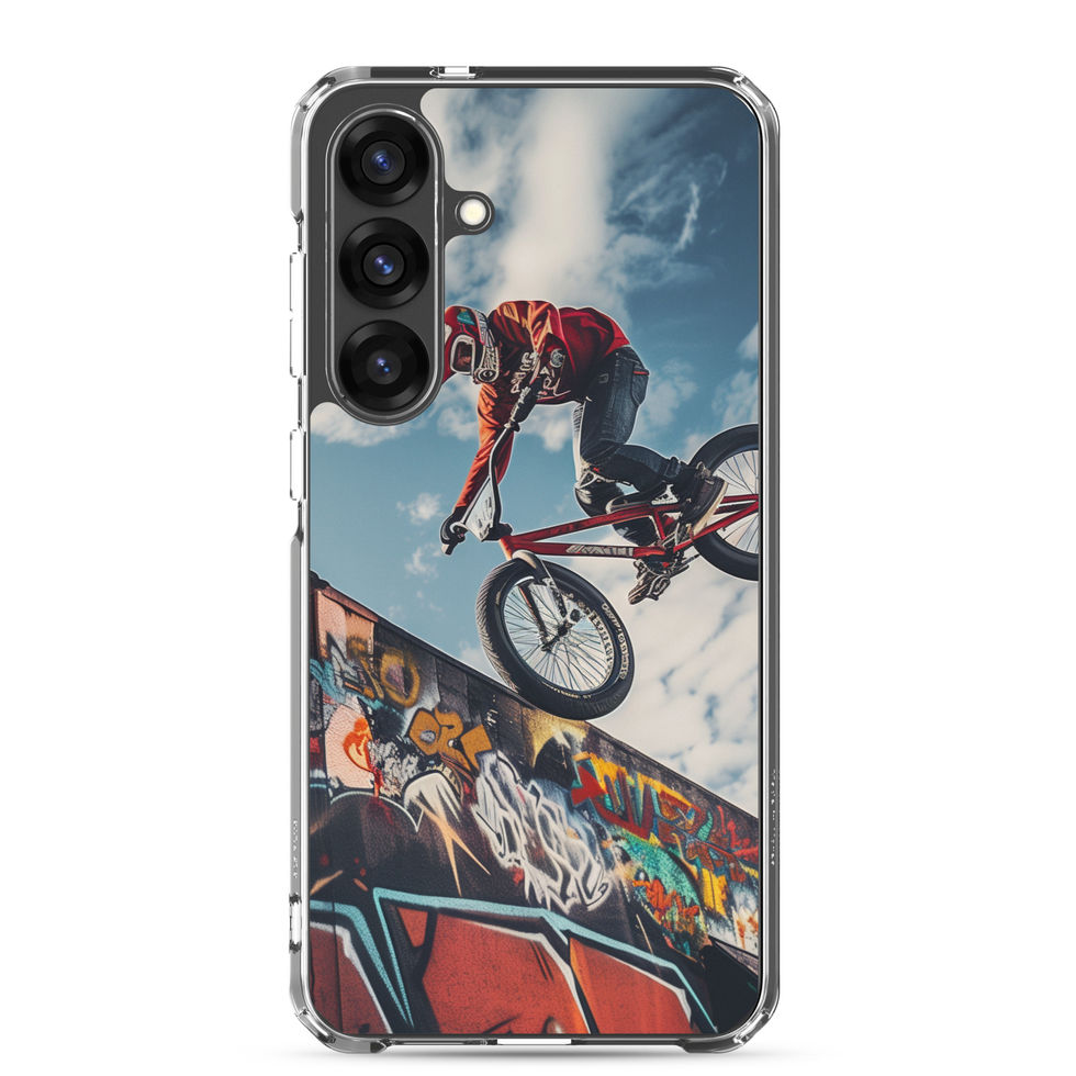 Graffiti Air Clear case for Galaxy S25 Plus, BMX rider above graffiti ramp, rear view on white