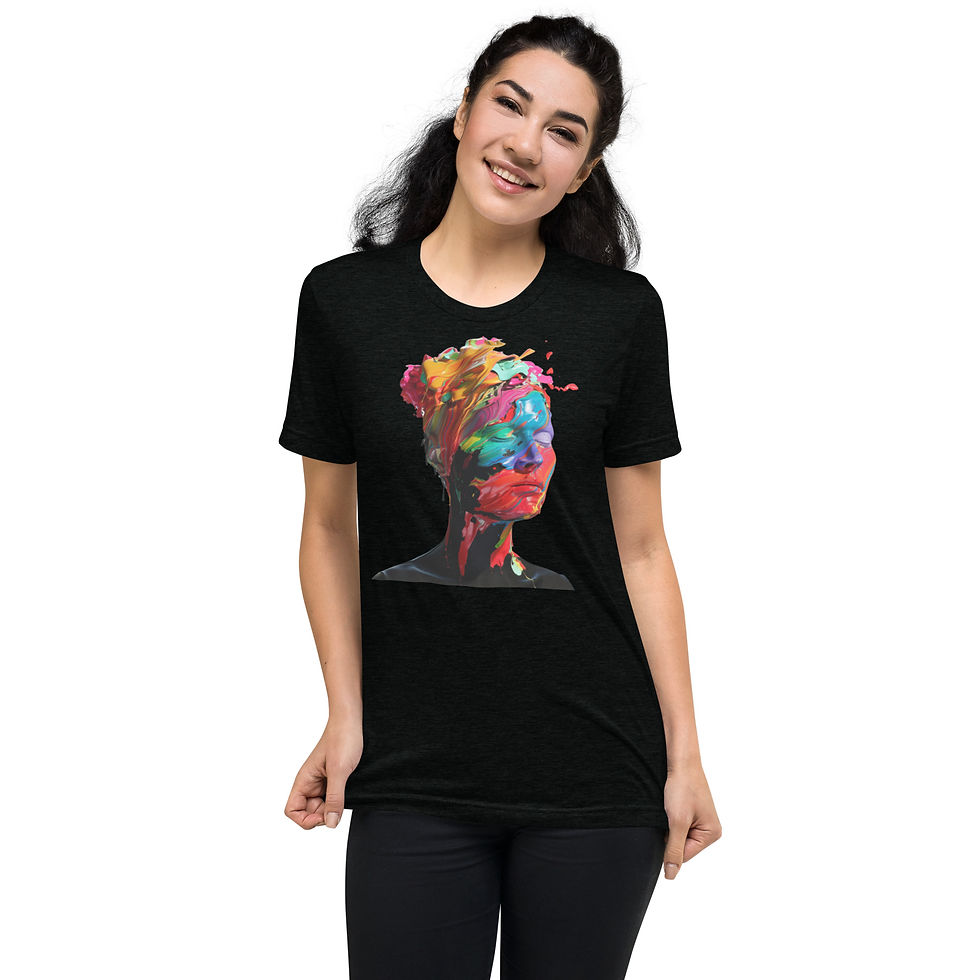 Painted Elegance: black tri-blend T-shirt with face in bold paint strokes, model head tilted