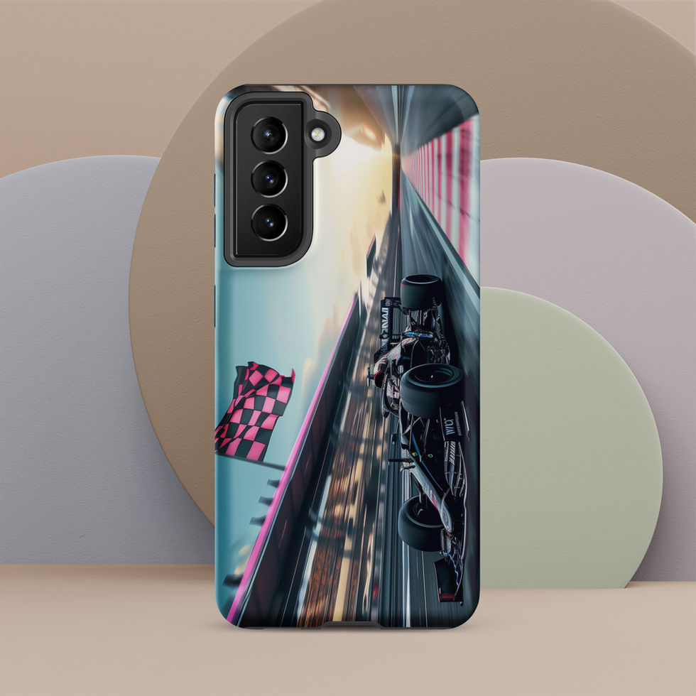 Blackout Champion Tough case for Galaxy S21, dark race car and pink flags, rear view on beige display