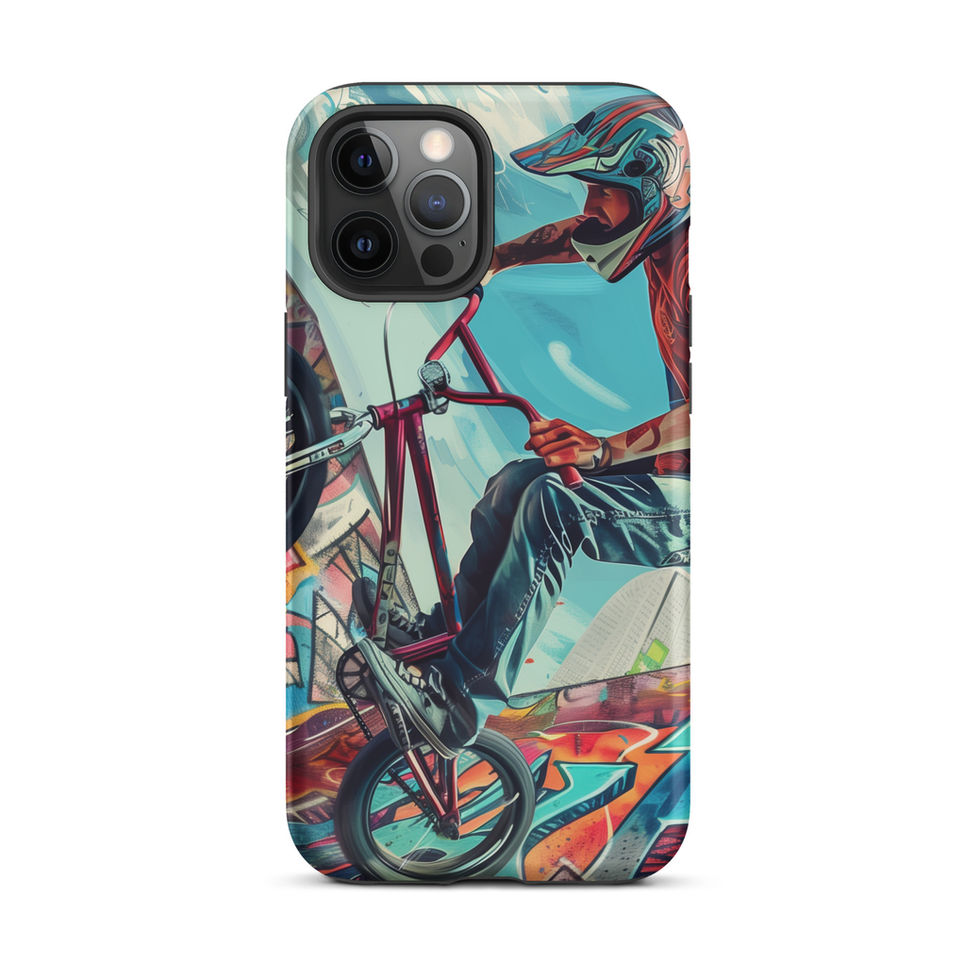 Urban Freestyle Tough case for iPhone 12 Pro Max, BMX rider and colourful graffiti, rear view on white background