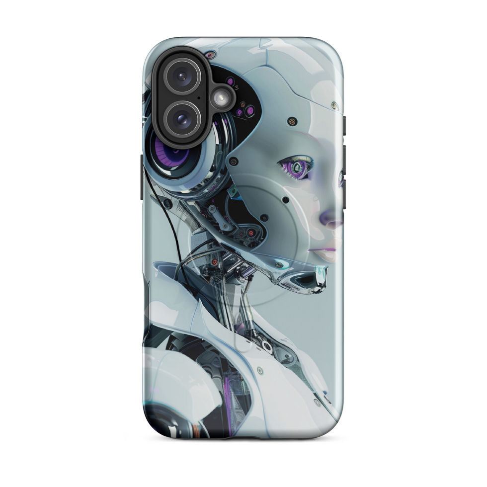 Synth Aurora MagSafe Tough Case featuring elegant robot artwork with a glowing violet eye
