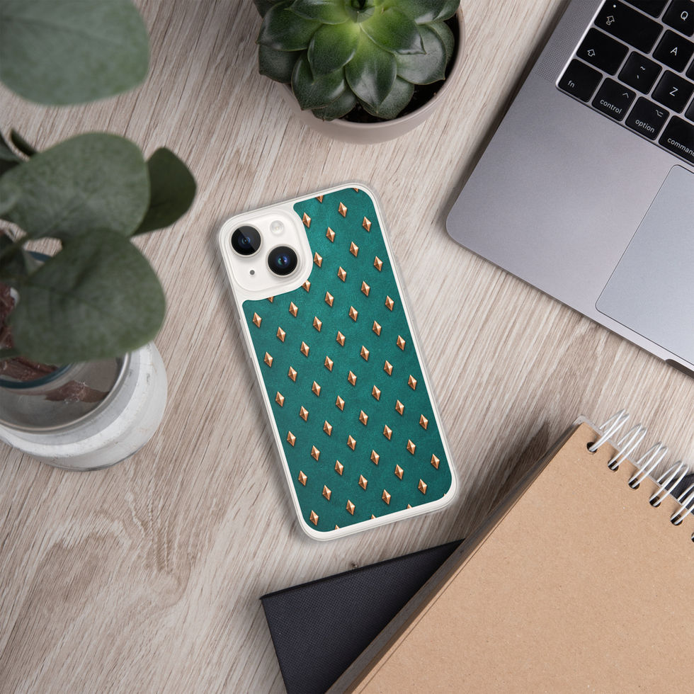 Teal Copper Diamonds clear case for iPhone 14, copper-look diamonds on teal, alternate view 3