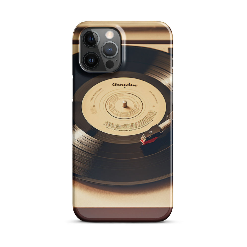 Golden Grooves slim iPhone Snap Case desk mockup with warm gold and black styling, image 8.