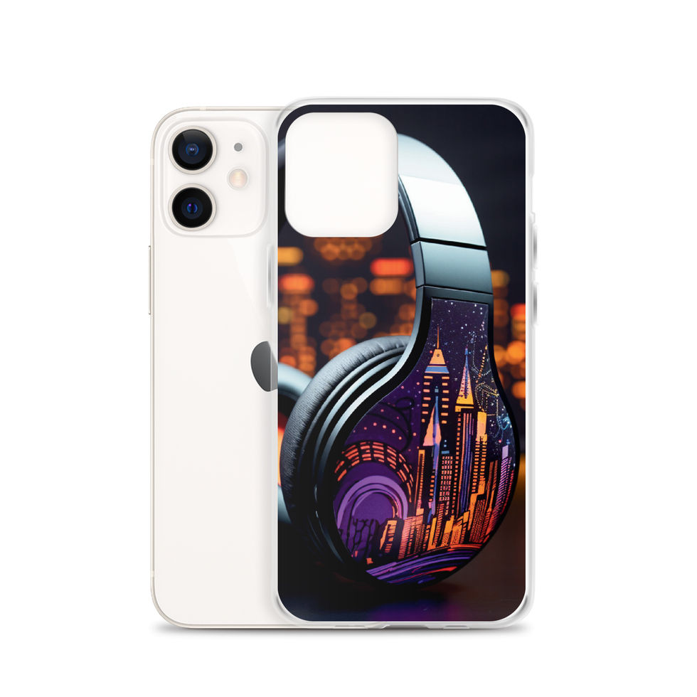 Neon Skyline clear iPhone case with orange-lit buildings and purple headphone detail, gallery image 15 of 50