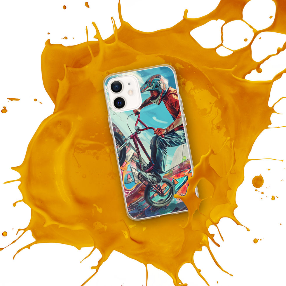 Urban Freestyle Clear case for iPhone 12, BMX rider and colourful graffiti, orange paint splash background