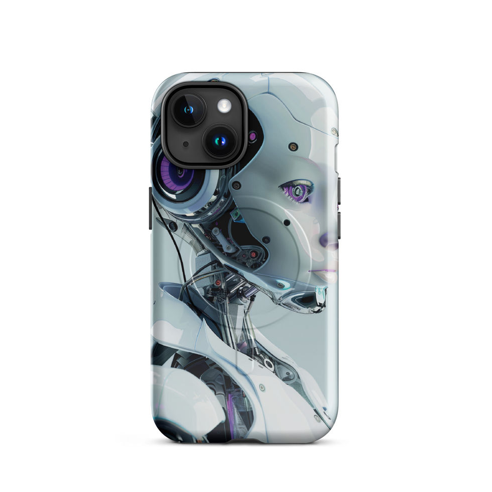 Synth Aurora futuristic female robot phone case with elegant metallic profile and purple accents