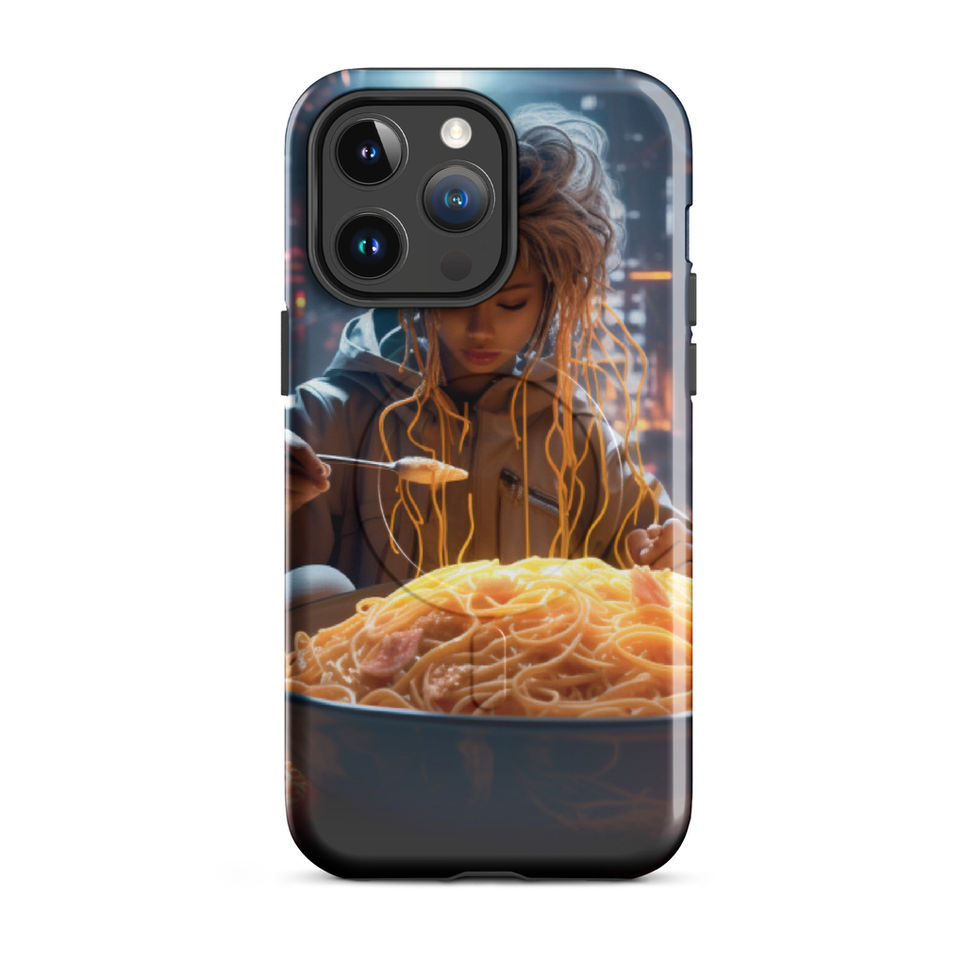 Cyber Noodle Feast MagSafe iPhone case, rear artwork with a mound of noodles in the foreground.