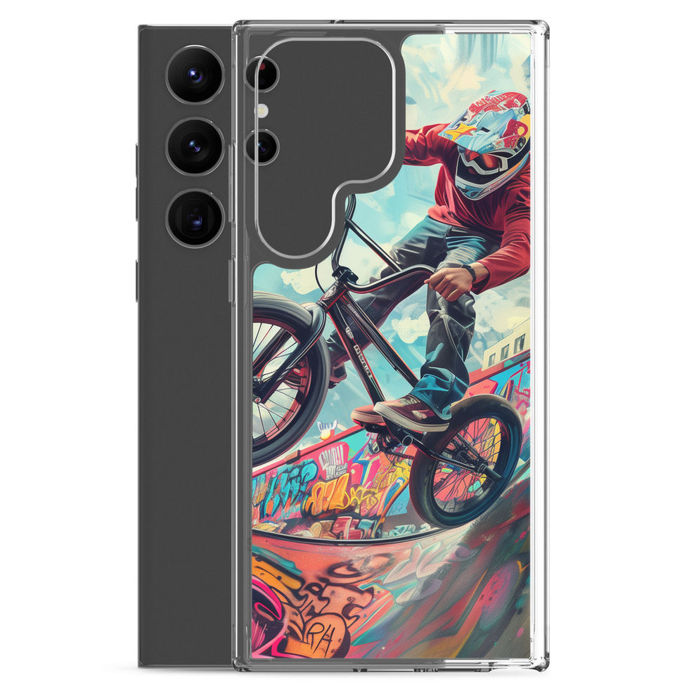 Urban Thrill Clear case for Galaxy S23 Ultra, BMX rider above graffiti ramp, phone beside printed case on white