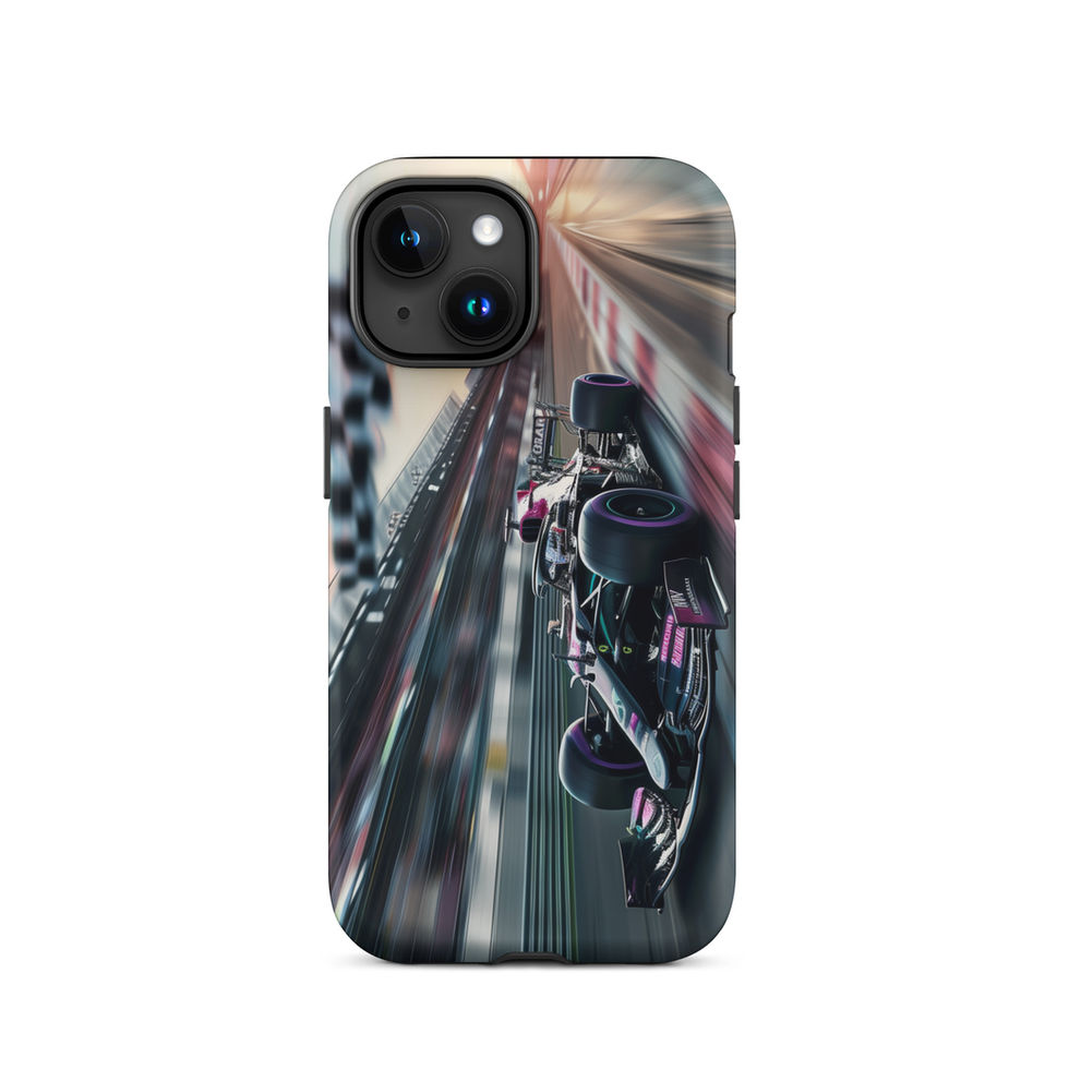 Midnight Velocity Tough case for iPhone 15, race car and night lights, rear view on white
