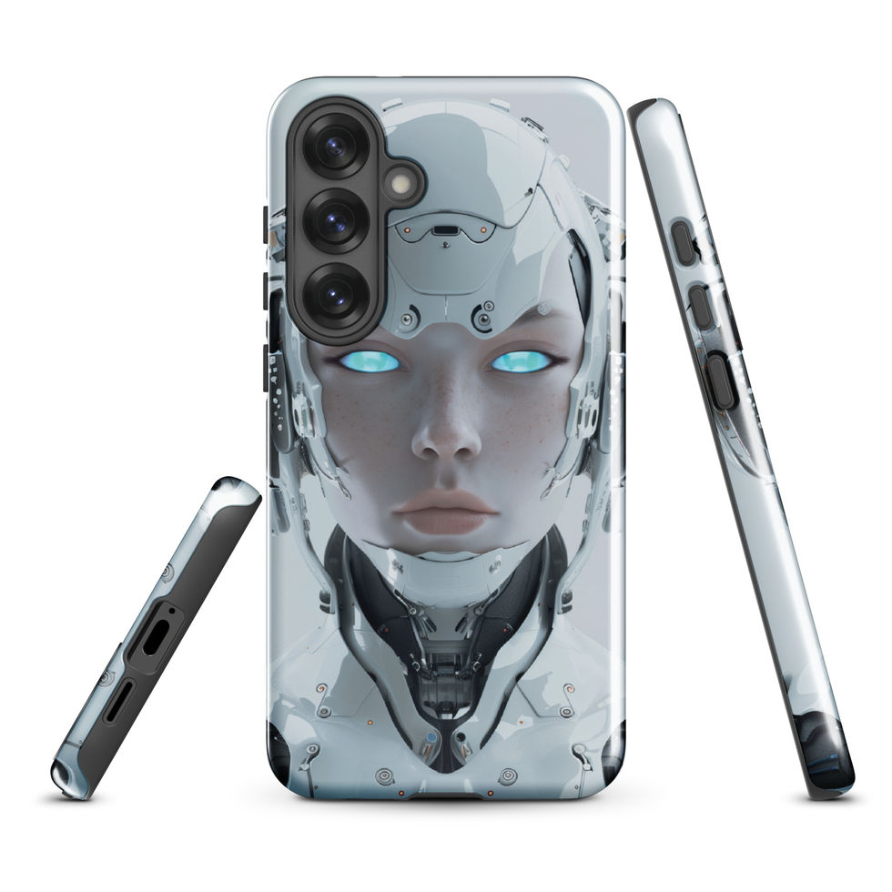 Silver AI guardian with aqua temple light; close-up detail on a Samsung® Tough Case.