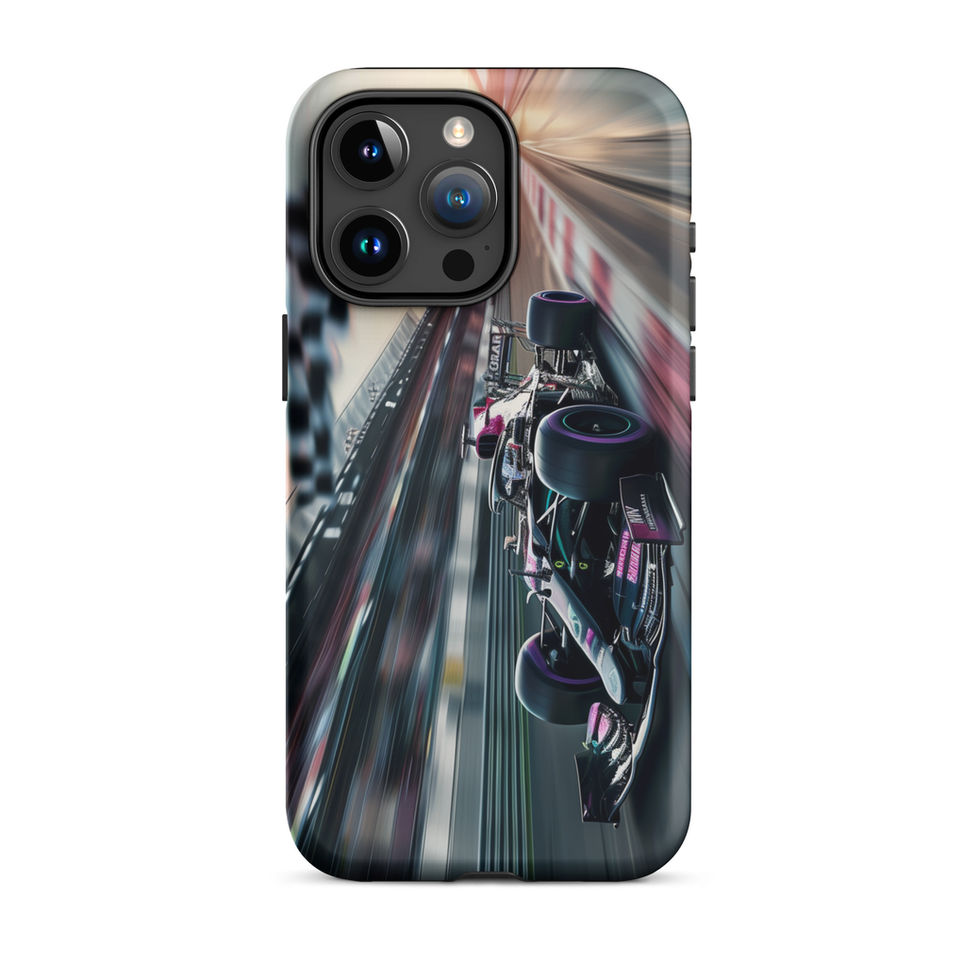 Midnight Velocity Tough case for iPhone 15 Pro Max, race car and night lights, rear view on white