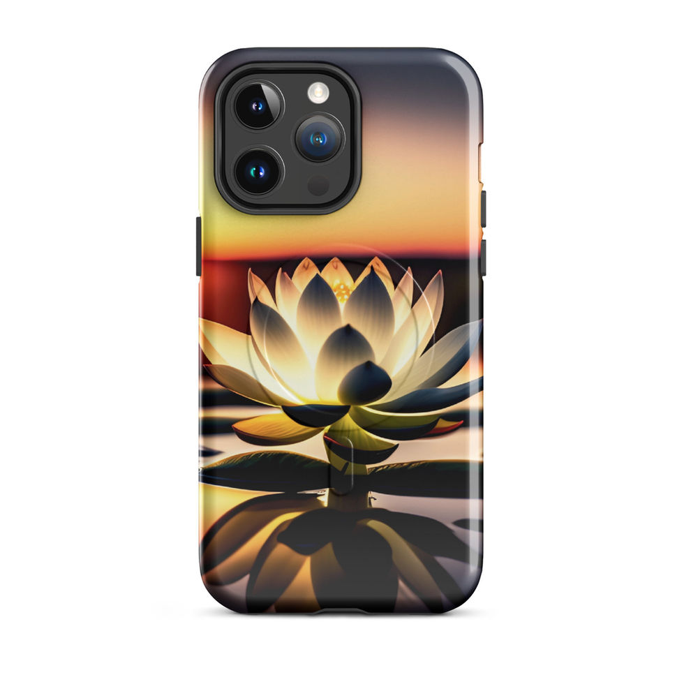 Sunlit Lotus iPhone MagSafe case, rear view; lotus bloom reflected in still dark water.