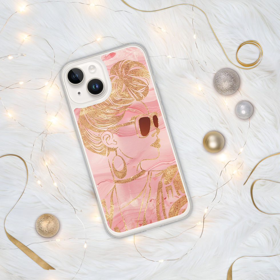Blush-pink Golden Luxe clear iPhone case with fine gold floral lines and a small heart detail.