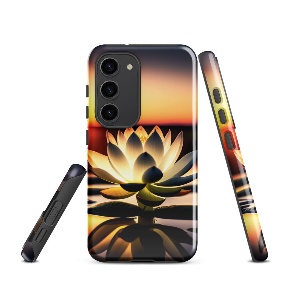 Sunlit Lotus Samsung tough case, back and side views; cream-gold petals against an orange horizon.