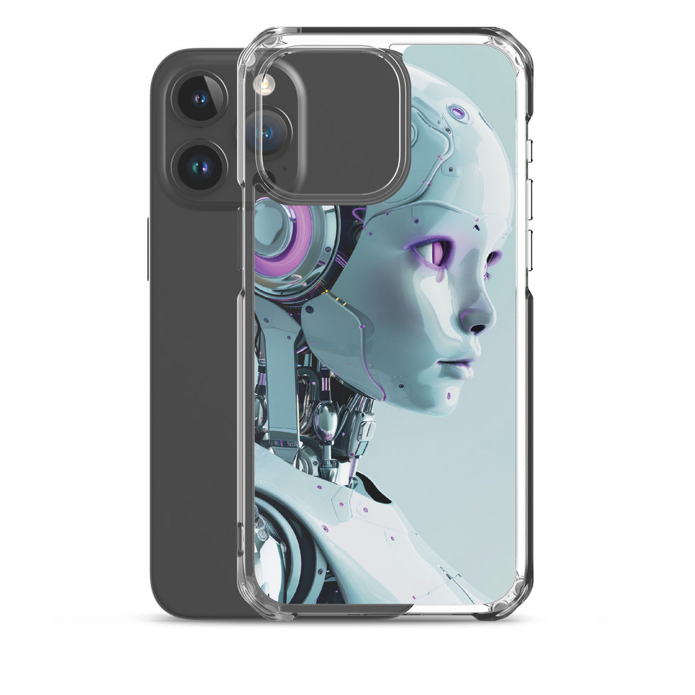 Side view of the pearl-blue robot artwork on a iPhone case