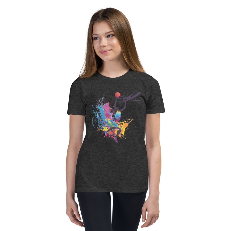 Dynamic Splash Dunk: dark grey heather youth T-shirt with a basketball player and bright paint splashes, on child