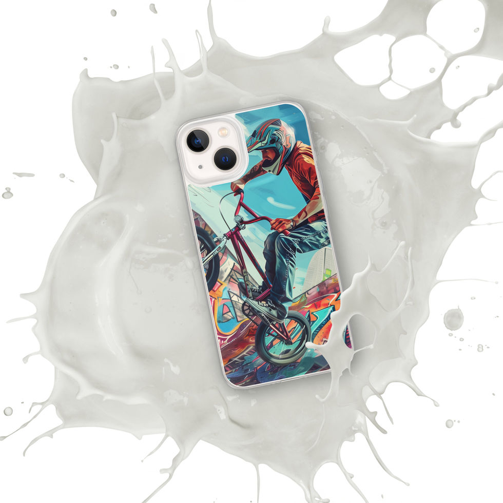 Urban Freestyle Clear case for iPhone 13, BMX rider and colourful graffiti, white paint splash background