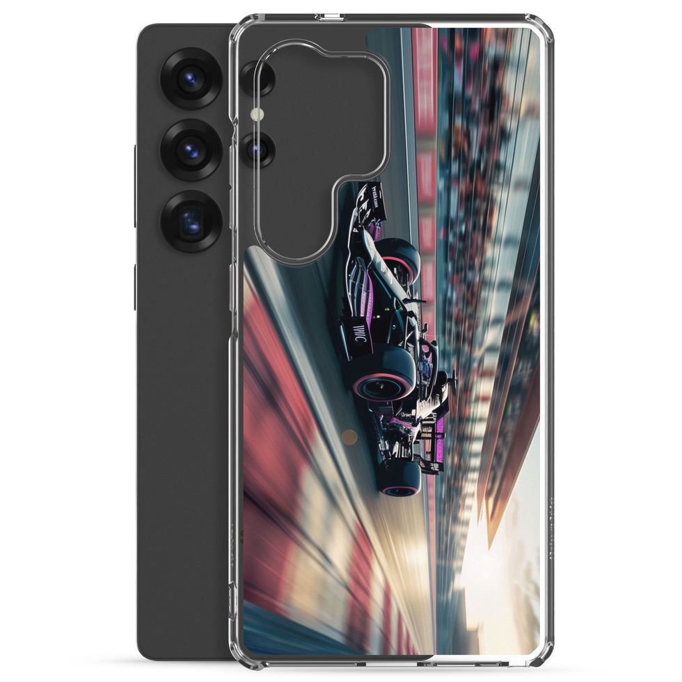 Black n Purple Power Clear case for Galaxy S25 Ultra, black and purple race car artwork, phone and case on white
