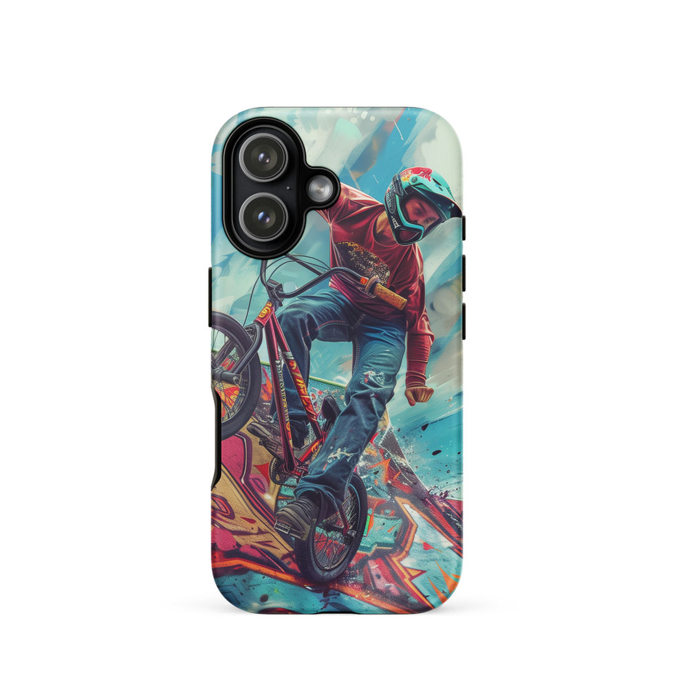 Ramp Rebel Tough case for iPhone 17, red-jacketed BMX rider and graffiti, rear view on white background