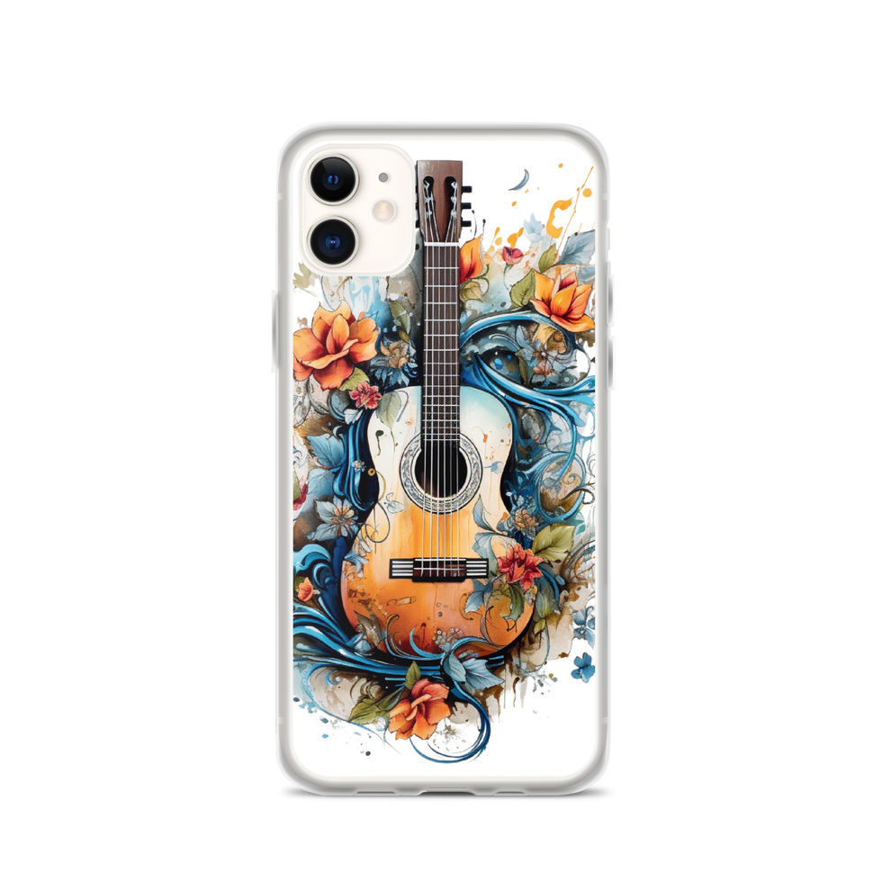 Nature’s Song clear iPhone case front view in a black accessory flat lay, showing the floral music artwork, image 6.