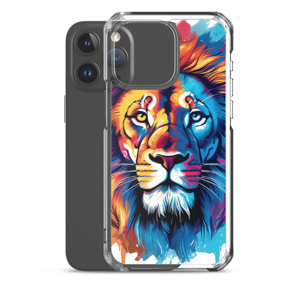 Fluro Majesty neon lion design on a clear iPhone case โ top-edge detail in handheld preview