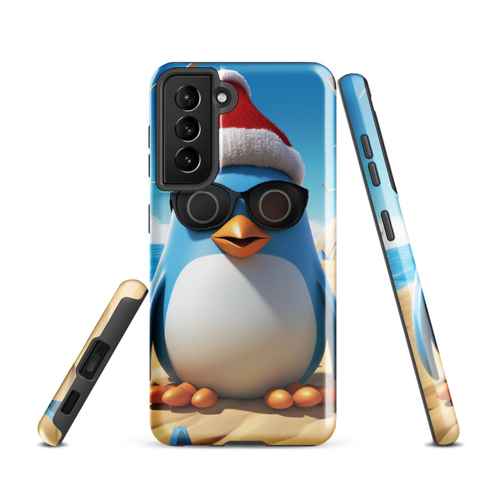 Beach penguin-mockup-06 showing Sandy Chill artwork on a Samsung tough phone case