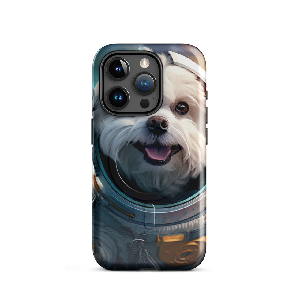 Cosmo Pup astronaut dog MagSafe iPhone case — button-side detail in studio mockup