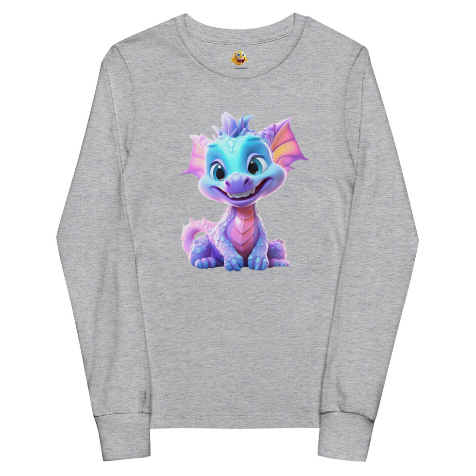 Smiling Dragon: grey youth long-sleeve T-shirt with a blue and purple baby dragon