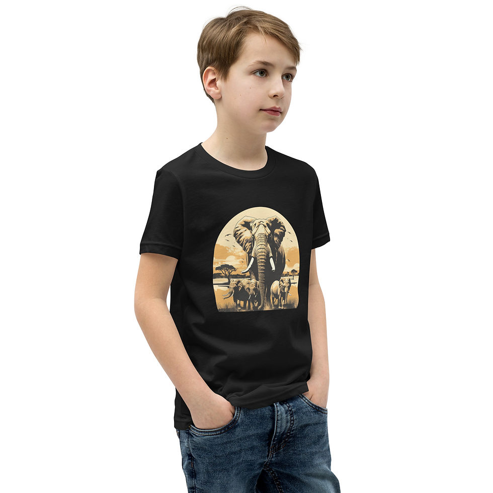 Majestic Herd: black youth short-sleeve T-shirt with elephants against a golden sunset, child turned left